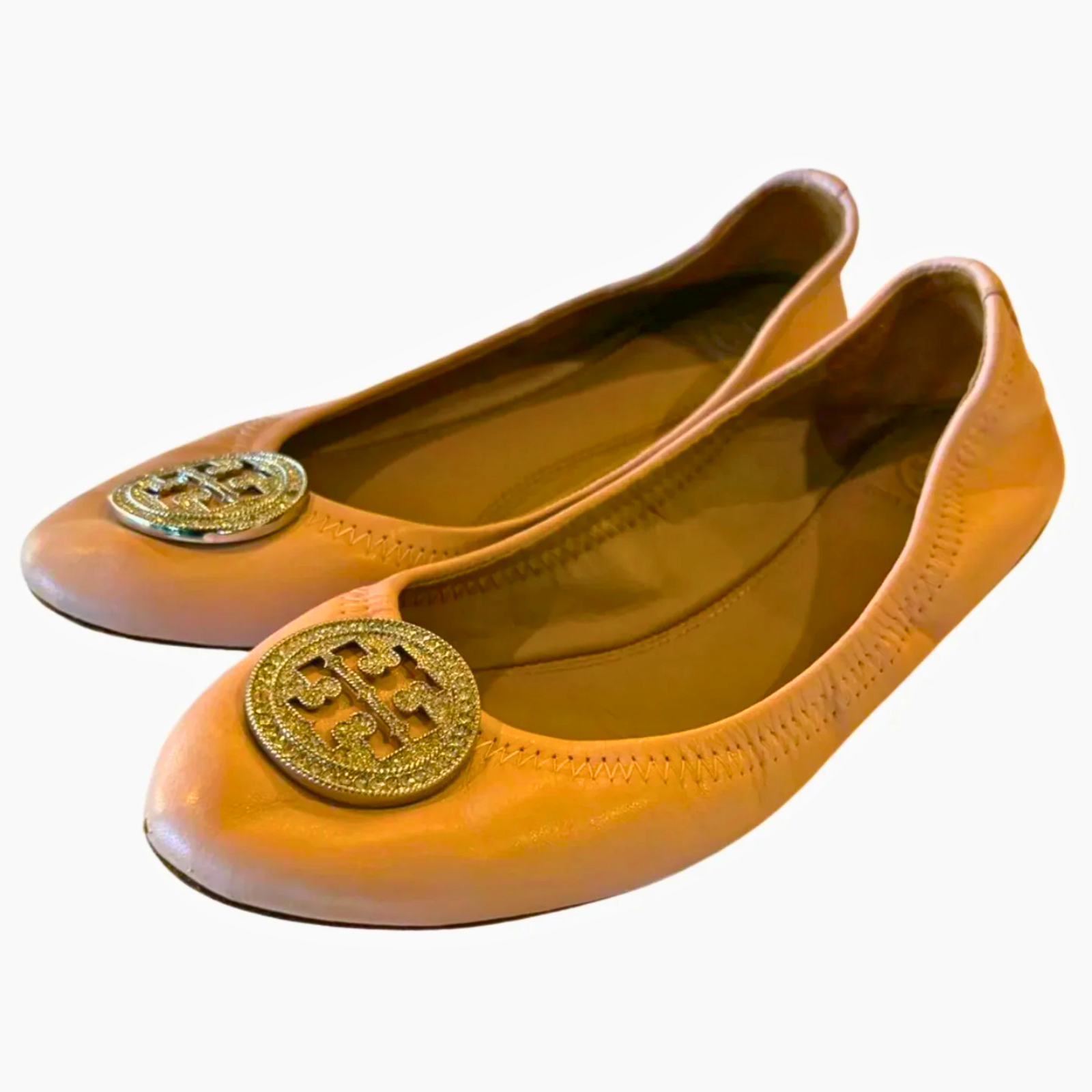 Tory Burch Minnie Travel Ballet Flats - Pink With Crystal Logo - Size 7